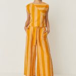 Pantalón palazzo de lino y algodón orgánico con rayas anchas, cinturilla elástica y cinturón anudado
