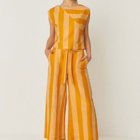 Pantalón palazzo de lino y algodón orgánico con rayas anchas, cinturilla elástica y cinturón anudado