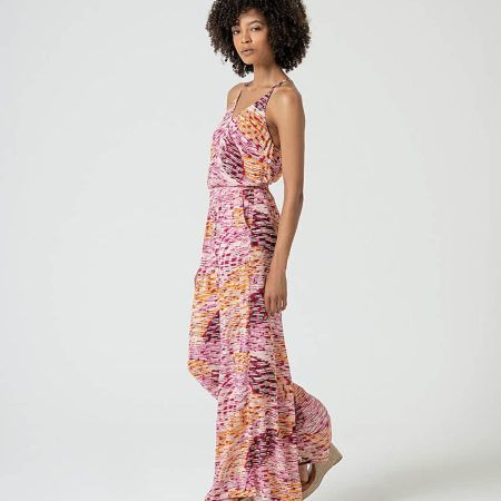 Pantalón palazzo estampado multicolor fucsia Surkana, con bolsillos y cintura elástica, tejido de viscosa ligera.